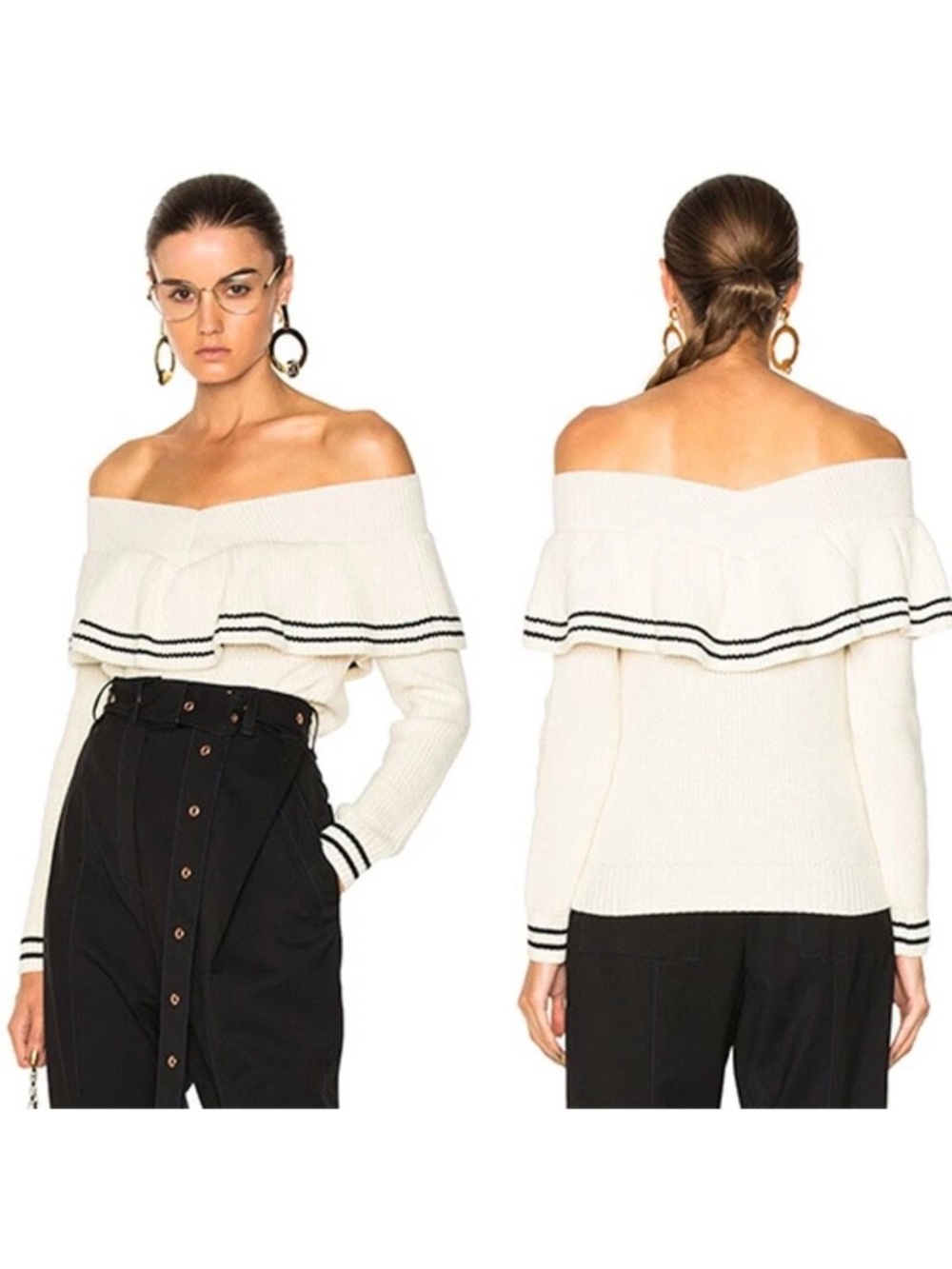 Self-Portrait Striped Off Shoulder Ruffled Cream Long Sleeve Sweater Size Small